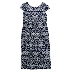 Ronni Nicole Womens Dress size 10 Navy Blue White Sheath Stretch Lined Back Zip
